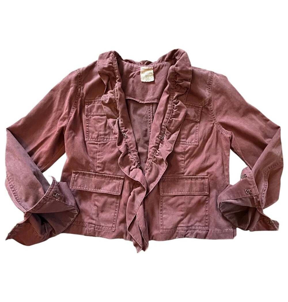 Free People Women's Burgundy Utility Ruffle Front Blazer Jacket